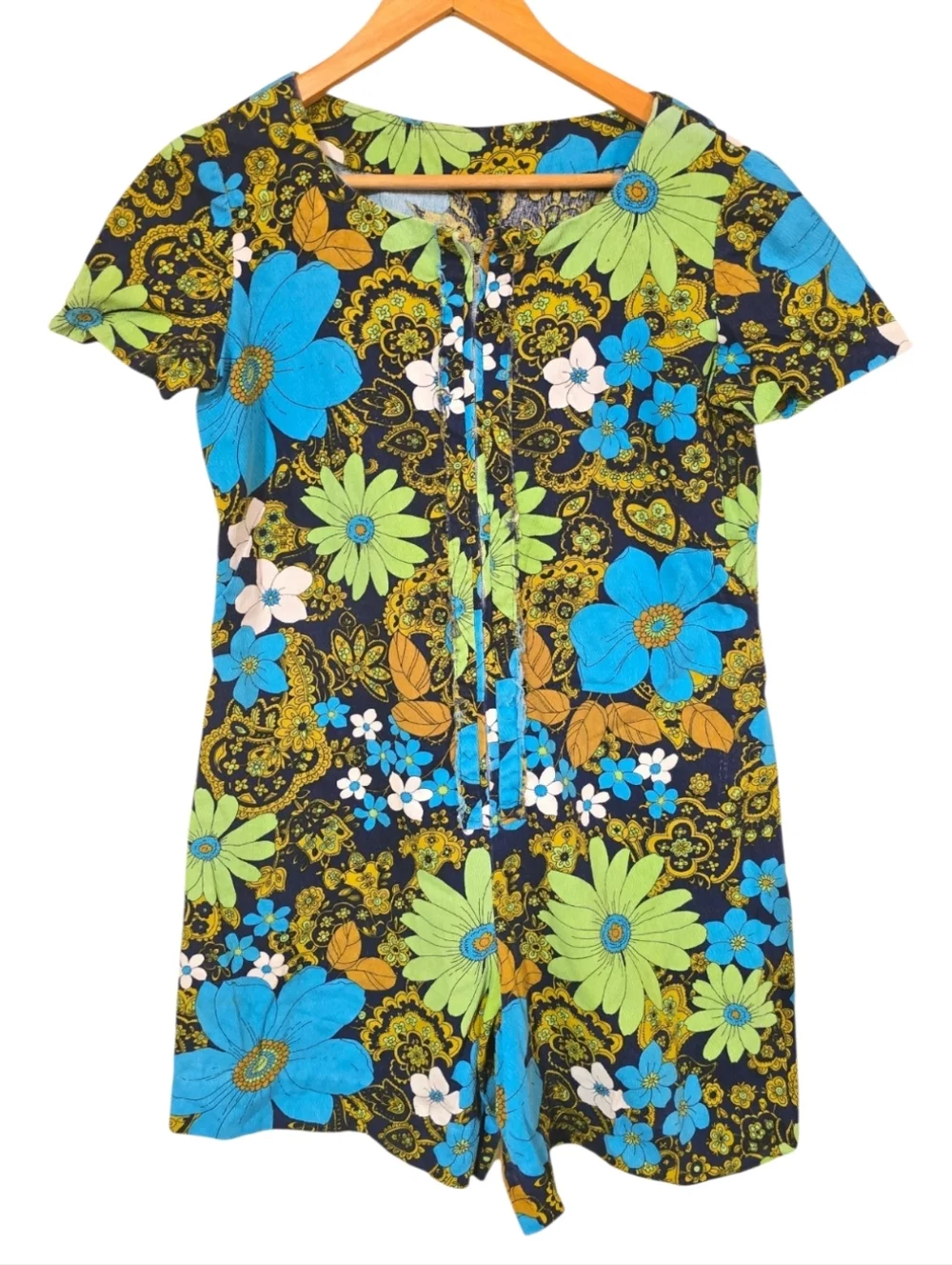 Vintage 70s Floral Romper Psych Mod Hippie Daisy Print Mini Jumpsuit Blue Green - Picture 2 of 15